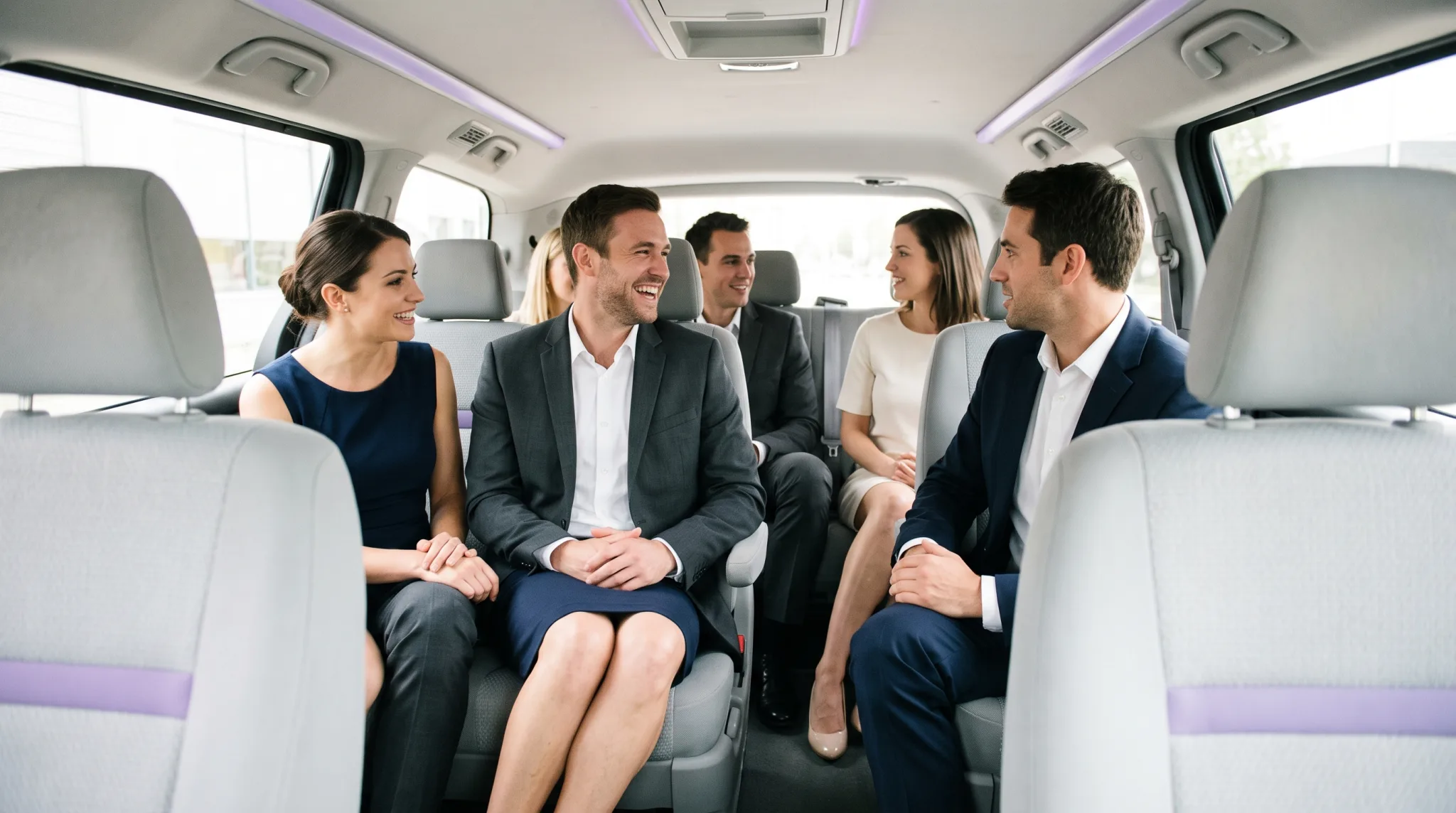 Blick in den Innenraum eines Shuttle-Kleinbusses mit hellen Sitzen bei einer Fahrt in Köln