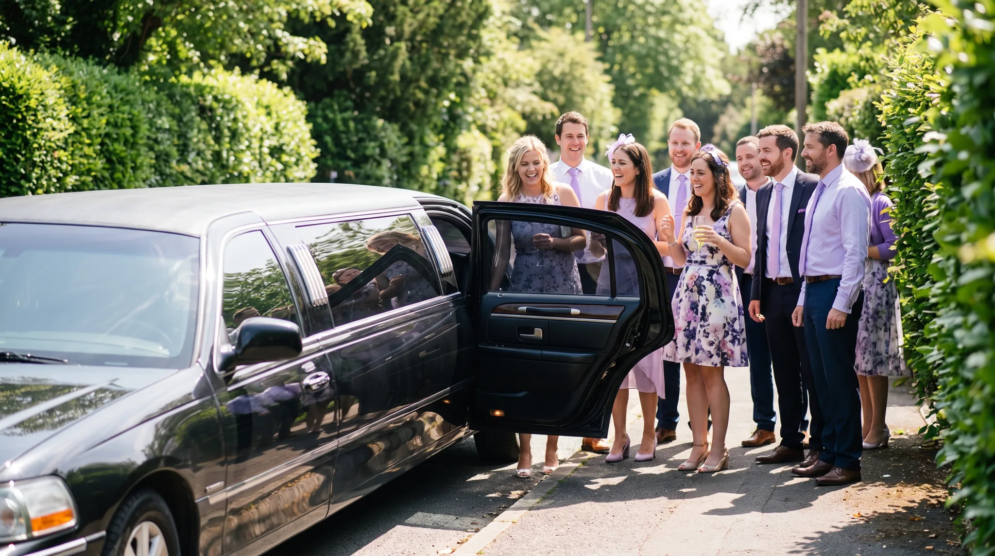 Fröhliche Gruppe steigt in Siegburg am Tag in eine lange dunkle Stretchlimousine ein