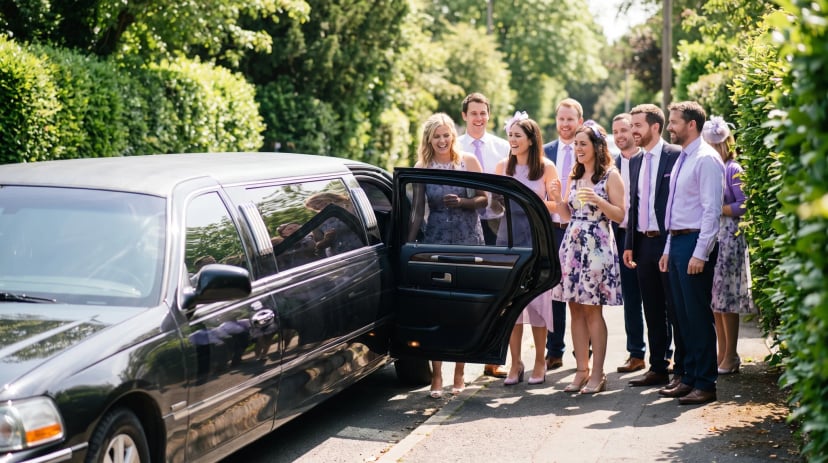 Fröhliche Gruppe steigt in Siegburg am Tag in eine lange dunkle Stretchlimousine ein
