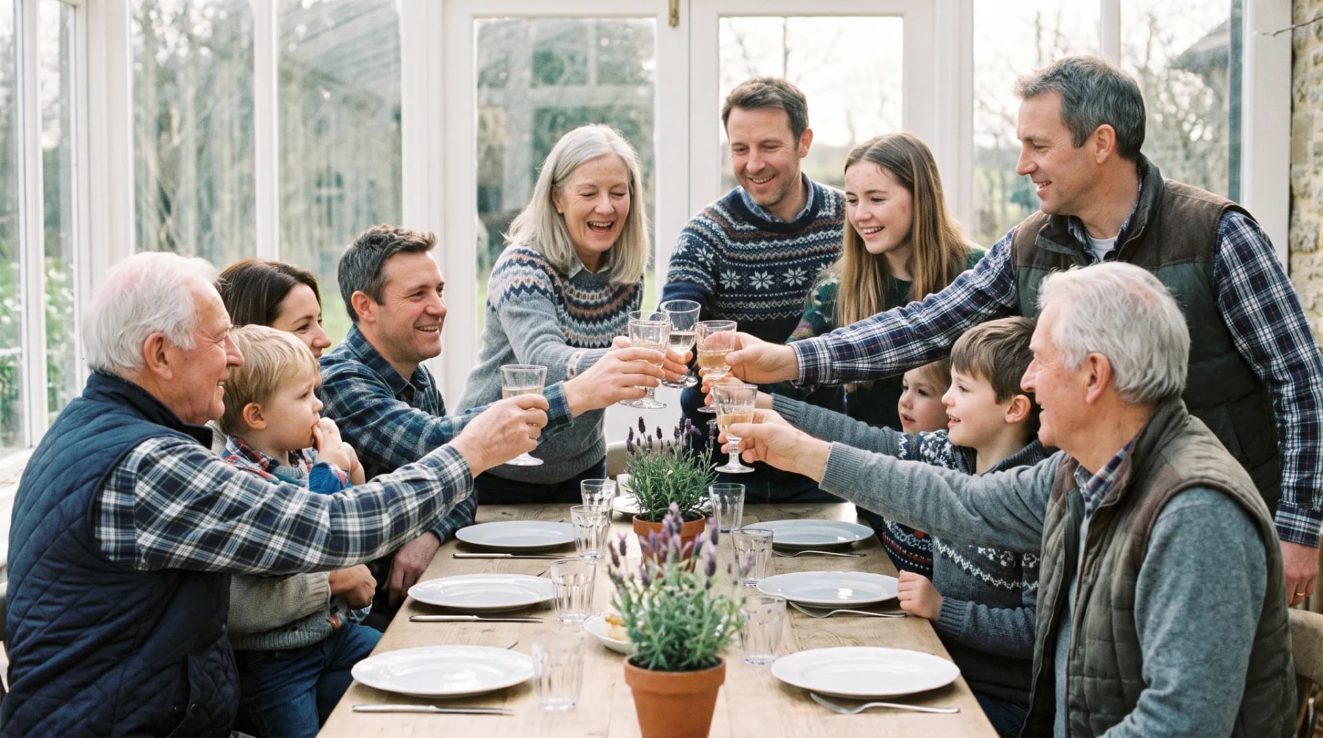 Familie feiert gemeinsam eine Familienfeier an festlich gedecktem Tisch