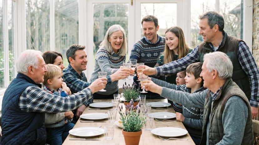 Familie feiert gemeinsam eine Familienfeier an festlich gedecktem Tisch