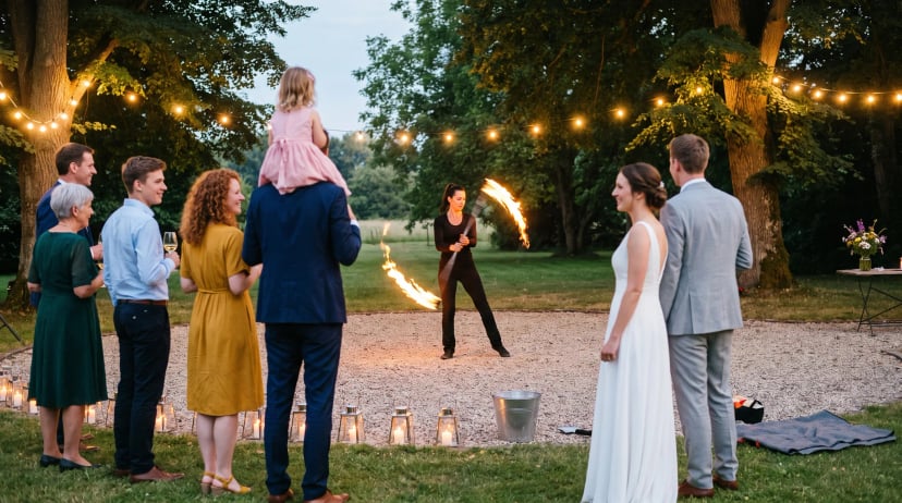 Feuershow auf einer Hochzeit im Garten: Feuerkünstlerin dreht einen brennenden Feuerstab auf einer Kiesfläche, Brautpaar und Gäste schauen mit Abstand hinter einer Reihe Laternen zu, daneben Löscheimer und Löschdecke