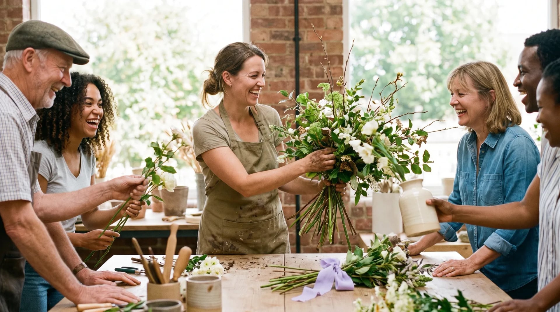 Florist Bad Neuenahr-Ahrweiler: Floristin leitet eine Gruppe von Erwachsenen beim Binden eigener Blumensträuße in einem hellen Workshop-Studio mit frischen.