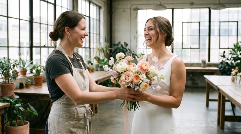Florist bindet einen Brautstrauß für eine Hochzeit in Köln