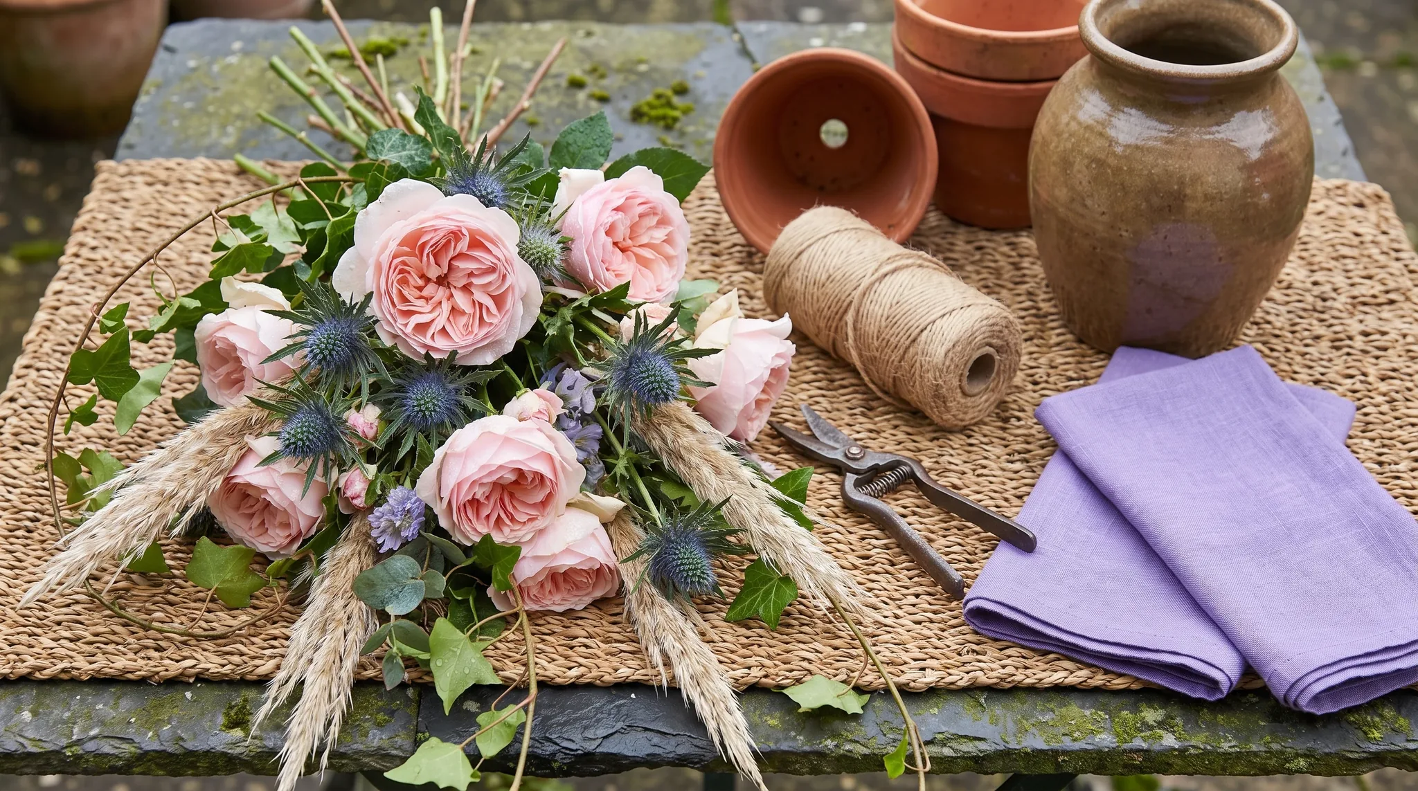 Florist in Neunkirchen-Seelscheid: frisch geschnittene Rosen, Eukalyptus, Ranunkeln und Pampasgras neben Kupferschere und Keramikvase auf verwittertem Holz.
