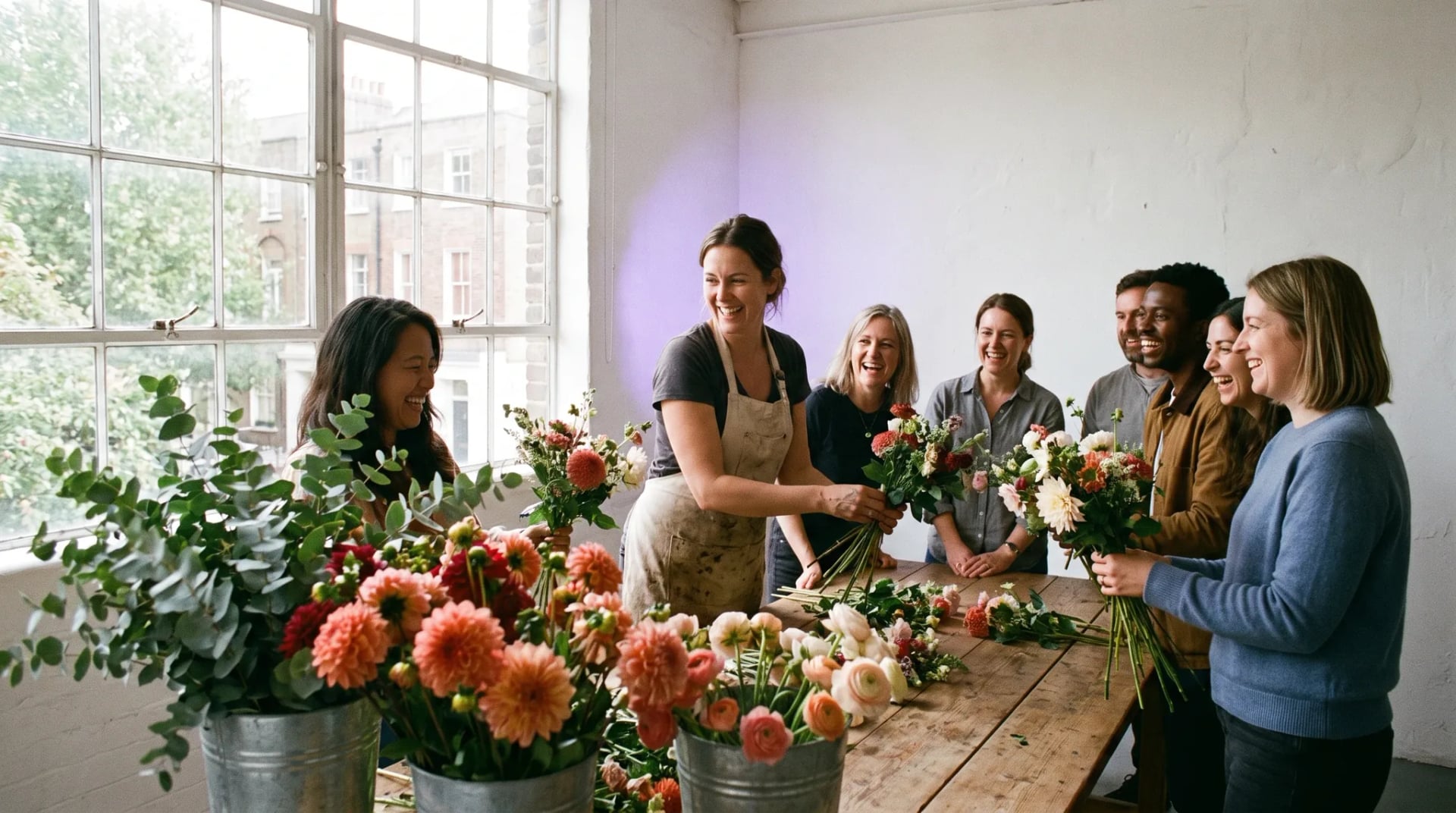 Florist Neunkirchen-Seelscheid: Floristin arrangiert ein großes Blumengesteck am Holztisch, Gäste halten Blumen und lachen, warmes natürliches Licht.