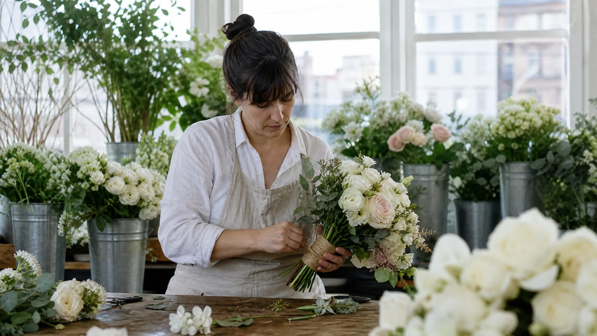 Floristin bindet einen Brautstrauß im hellen Atelier, Beispiel für Floristen für Hochzeit und Event