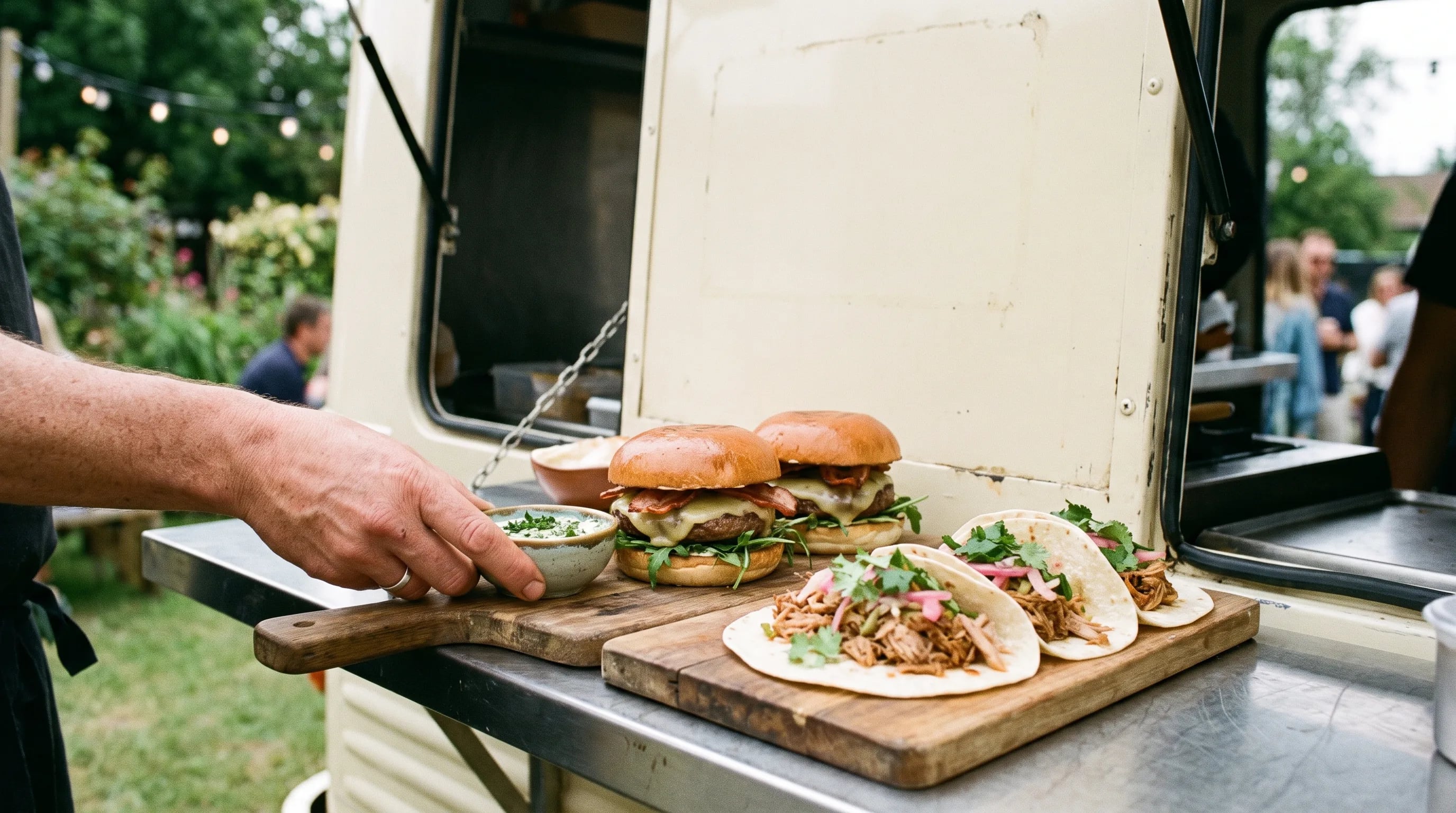 Burger und Tacos auf Holzbrettern an der Ausgabeklappe eines Foodtrucks