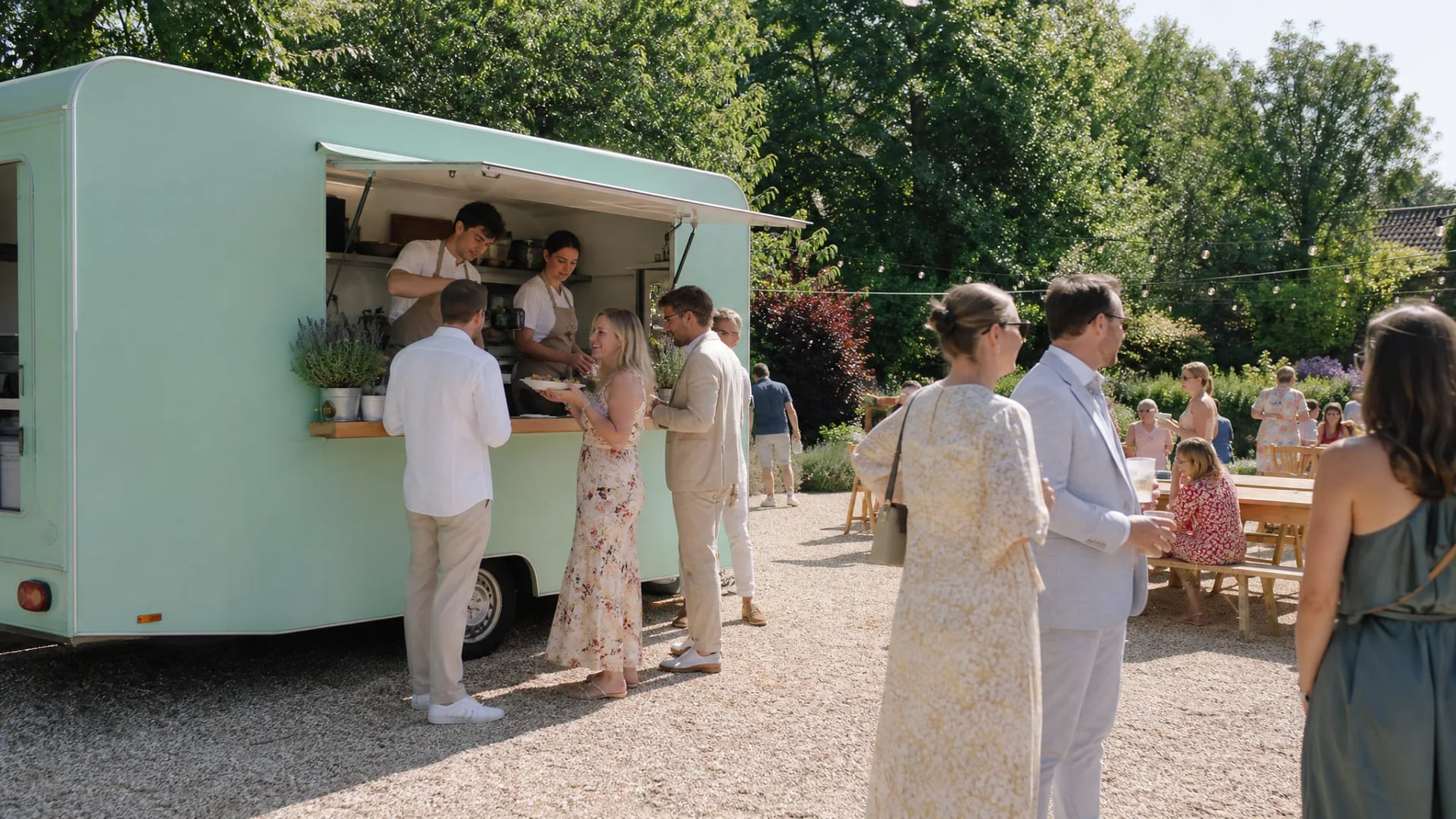 Gäste holen sich Essen an einem logofreien Foodtruck bei einem Sommerfest, Beispiel für Foodtruck-Catering
