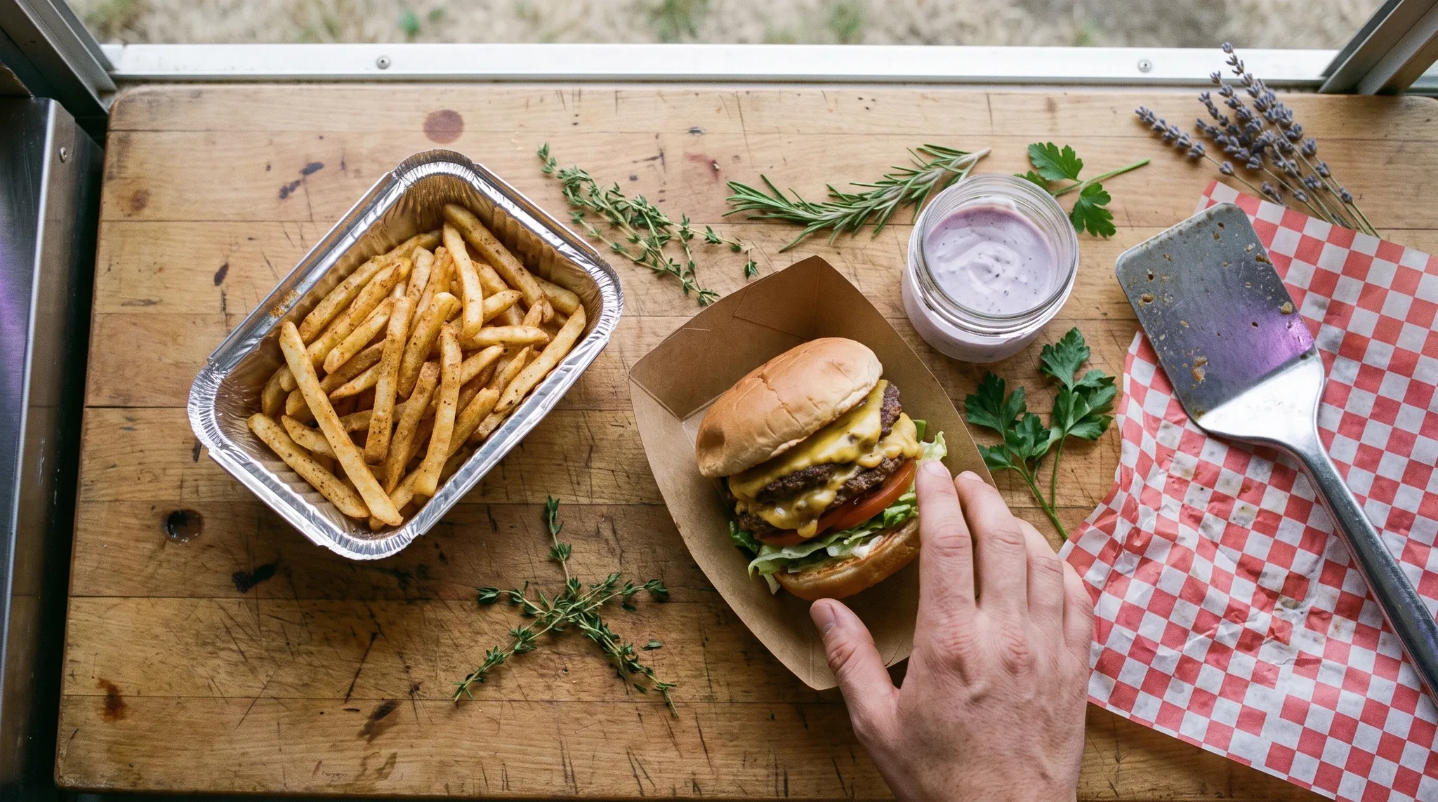 Foodtruck in Rösrath: Kraft-Papier-Tablett mit goldenen Pommes, Dip-Becher und eingewickeltem Sandwich auf einem Holztisch im Tageslicht.