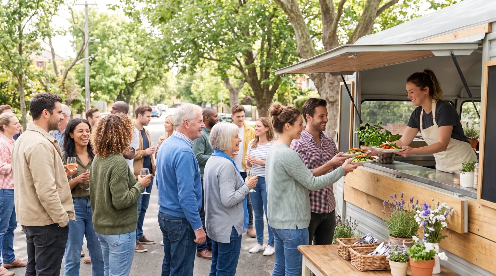 Foodtruck Rösrath: Gruppe von Gästen in sommerlicher Kleidung wartet lachend vor einem bunten Foodtruck im Grünen, goldenes Abendlicht.