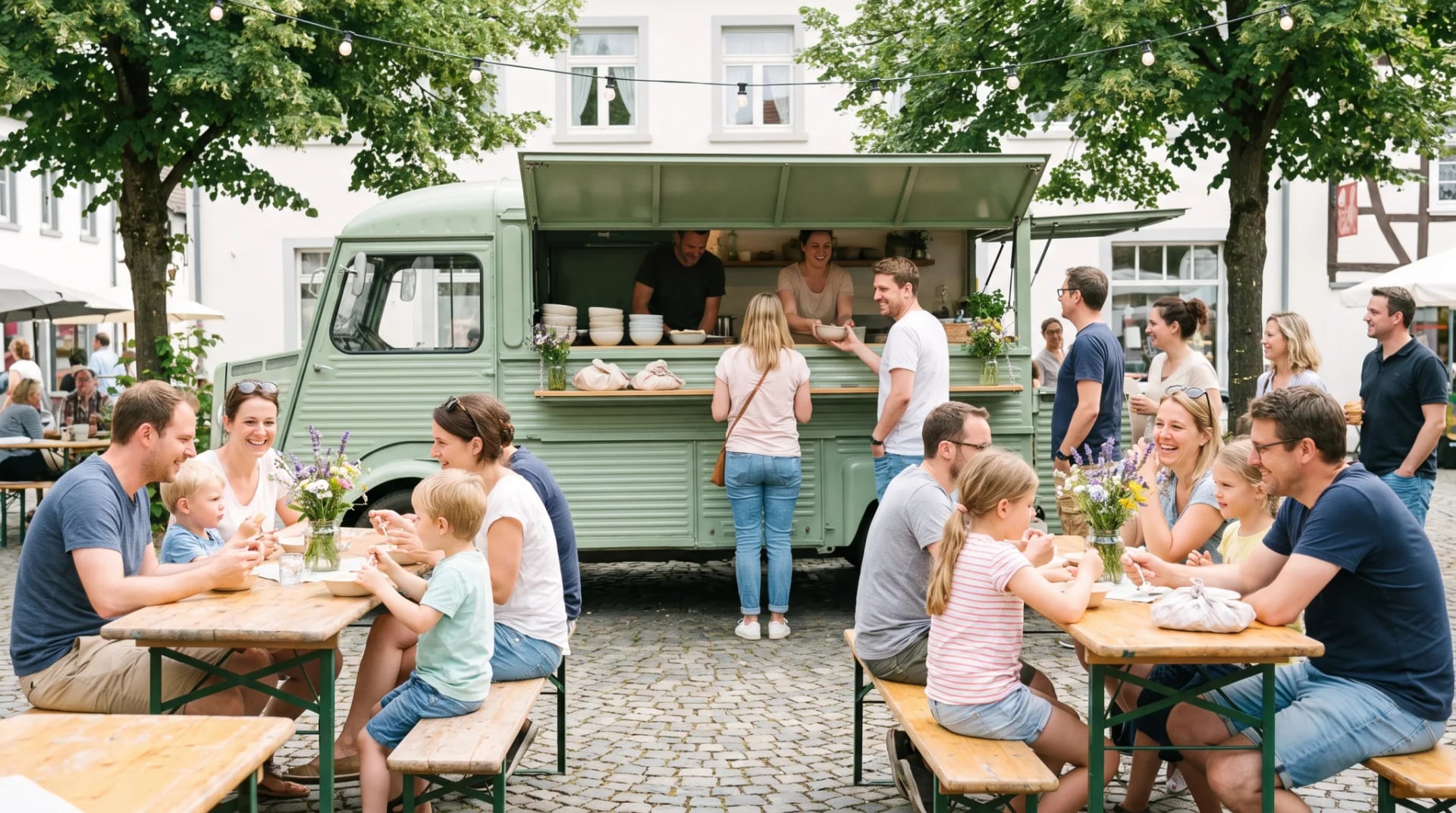 Foodtruck mit geöffneter Ausgabeklappe bei einem Event in Siegburg