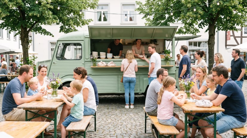 Foodtruck mit geöffneter Ausgabeklappe bei einem Event in Siegburg