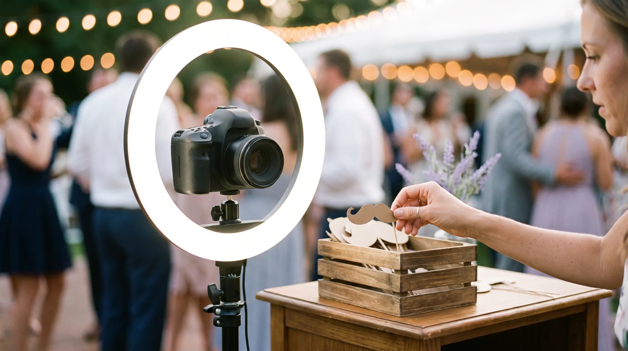 Ringlicht und Kamera einer Fotobox im Detail, daneben Requisiten für die Gäste