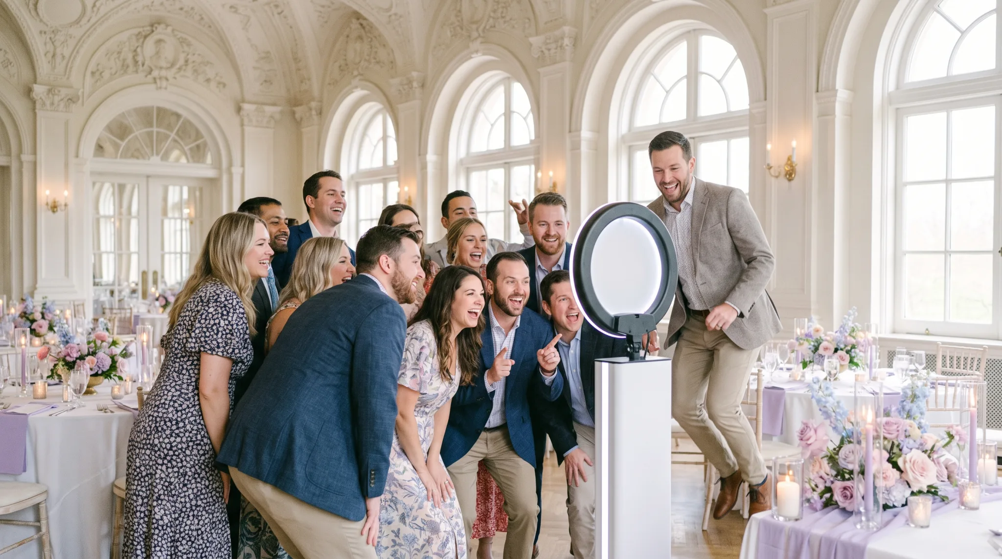 Hochzeitsgesellschaft posiert vor einer Fotobox mit Ringlicht in einem Dresdner Ballsaal