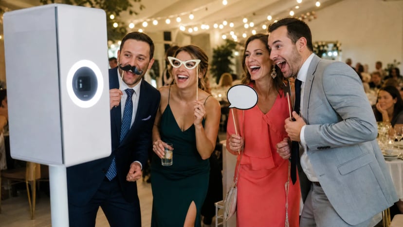 Gäste posieren mit Requisiten an einer gemieteten Fotobox auf einer Hochzeitsfeier