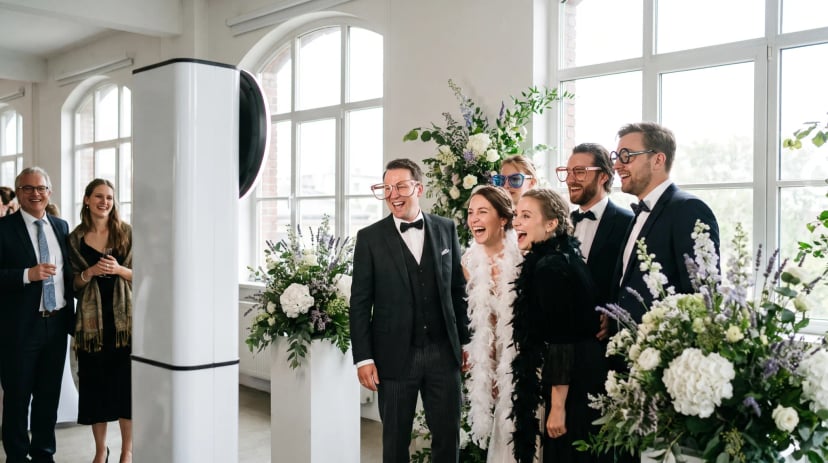 Fotobox bei einer Feier in Köln, Gäste posieren mit Requisiten