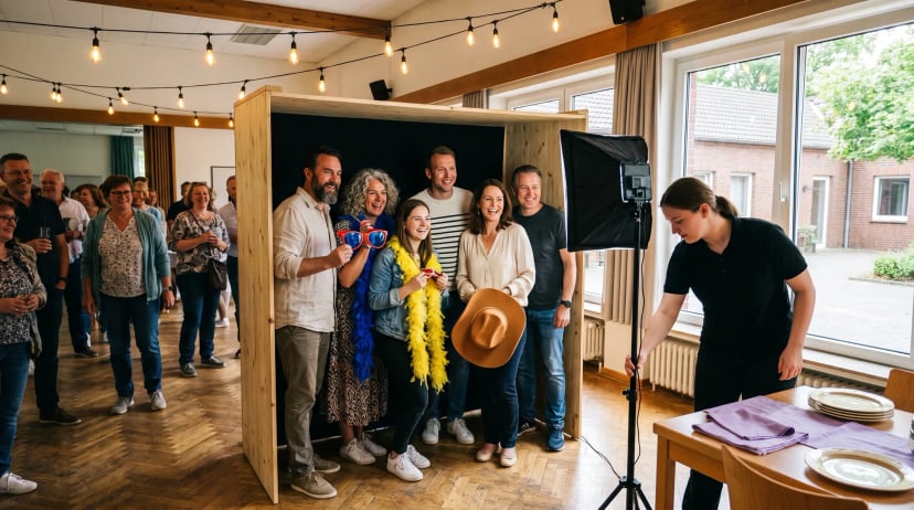 Sechs Freunde lachen und posieren gemeinsam an einer Fotobox in Neuss bei einer Geburtstagsfeier mit Konfetti und Lichterketten im Hintergrund.