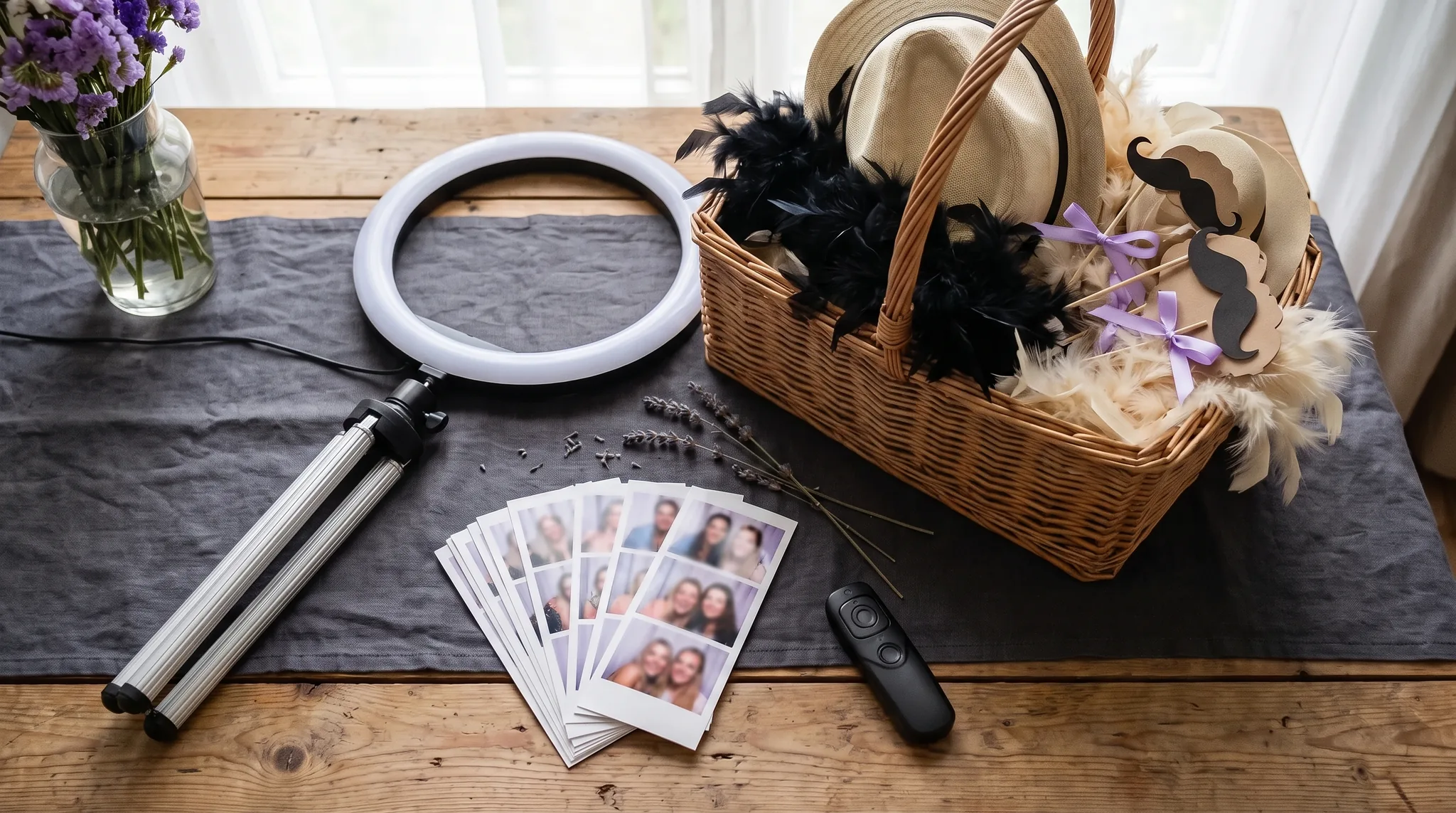 Fotobox Schwabach: Ringlight mit Stativ, Sofortfotos, Fernbedienung und Korb mit Verkleidungsrequisiten wie Hut, Federn und Schnurrbart auf einem Holztisch