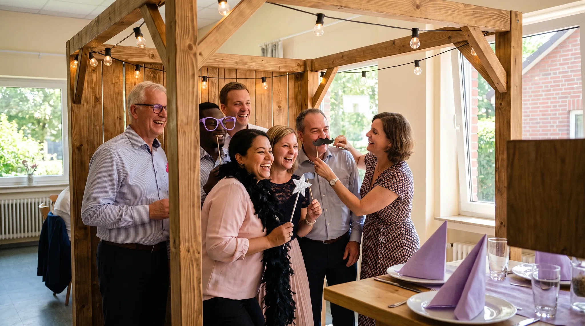 Fotobox Weilerswist: Gruppe von Erwachsenen posiert lachend an einer freistehenden Fotobox bei einem Abend-Event, Techniker stellt Ringlicht ein.