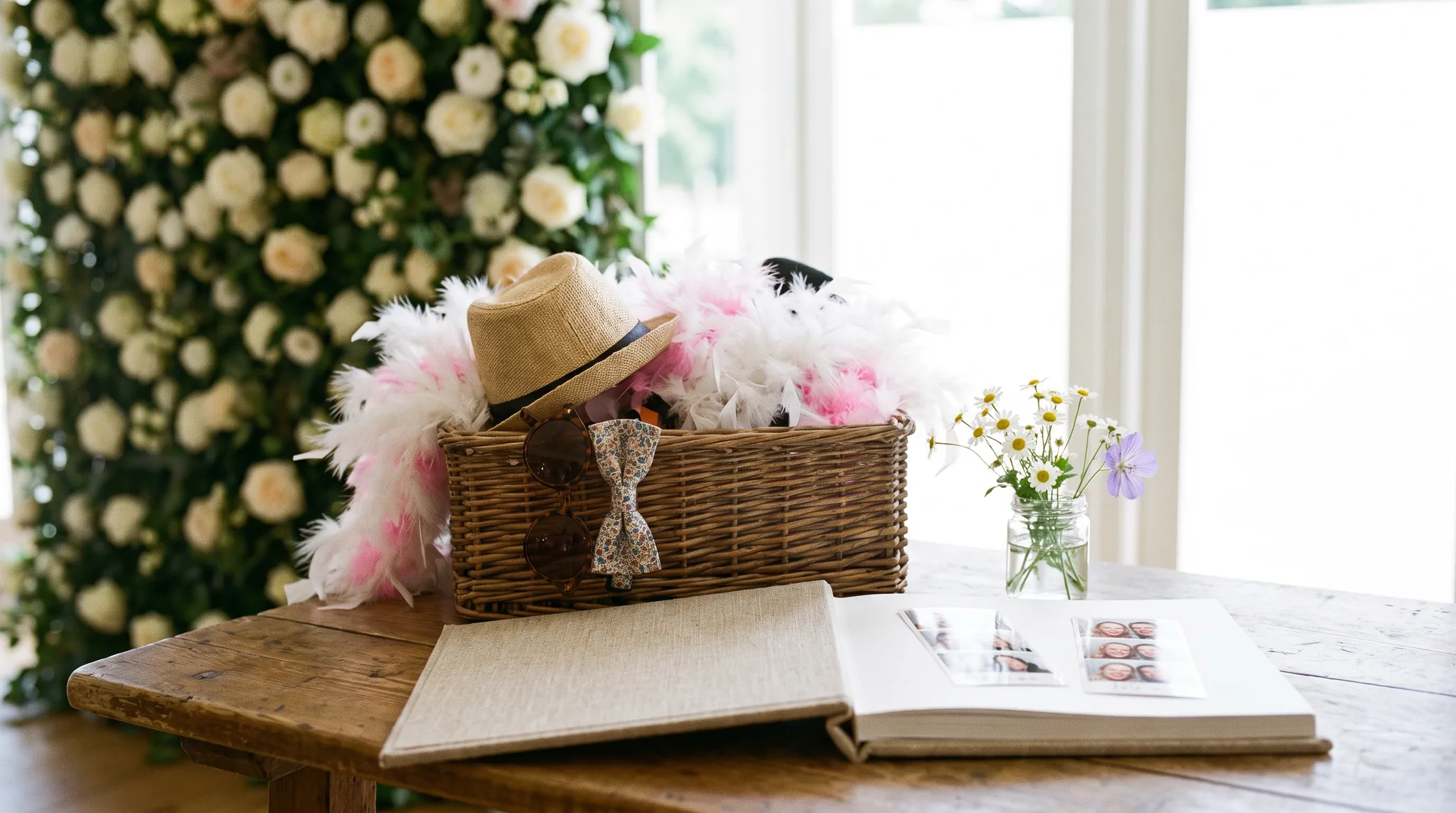 Fotobox Hochzeit Details: Requisiten, Hüte und Brillen auf einem Tisch neben dem Gästebuch mit eingeklebten Fotostreifen