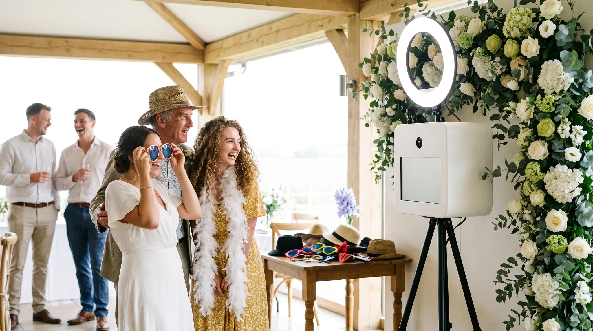 Fotobox auf der Hochzeit: Braut und Hochzeitsgäste mit Hüten und Brillen lachen vor der Fotobox mit Blumenwand