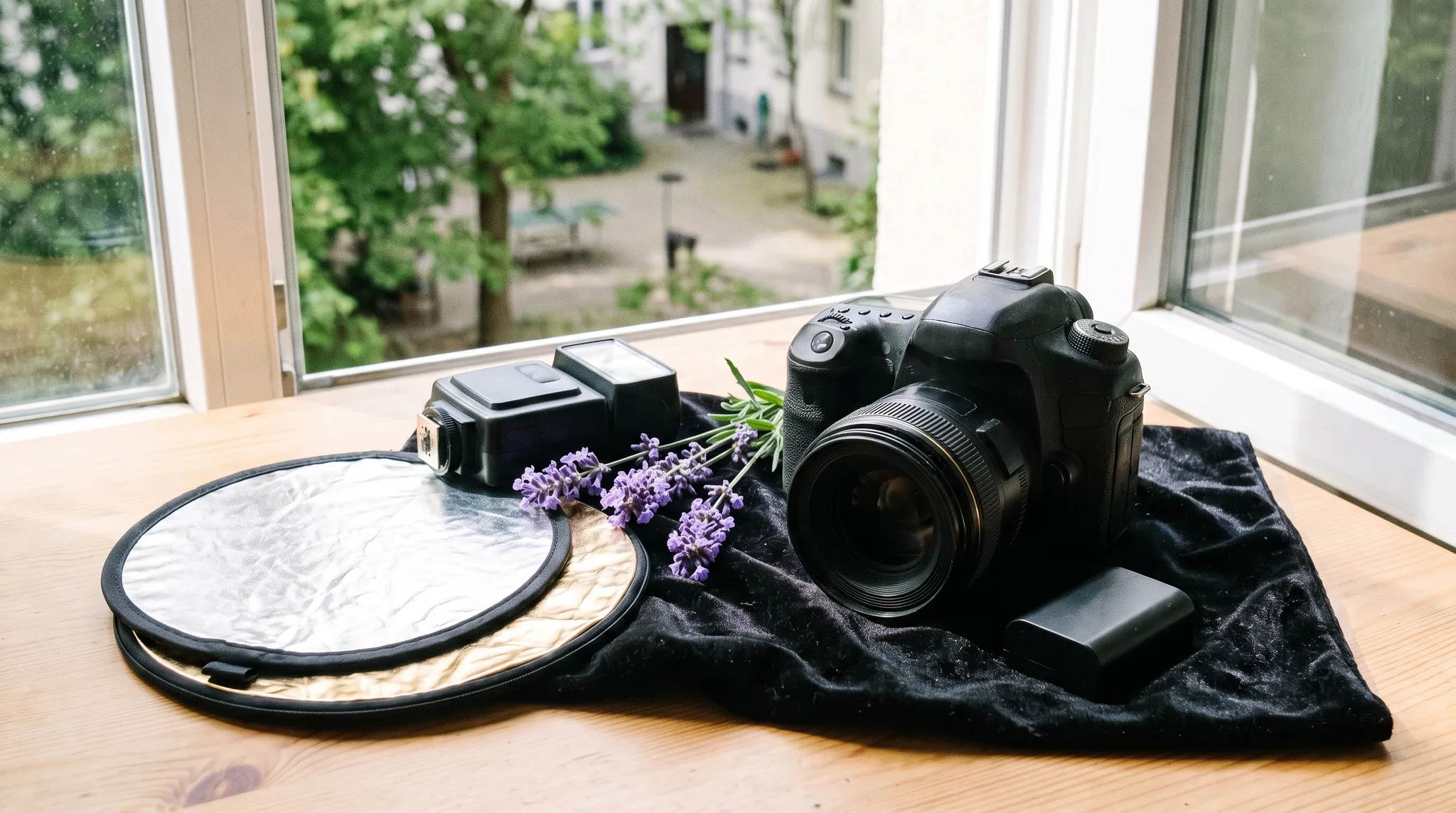 Fotograf in Bergneustadt: Kamera-Equipment auf dunklem Untergrund mit zwei Objektiven, Blitz und Akku im Flachbild