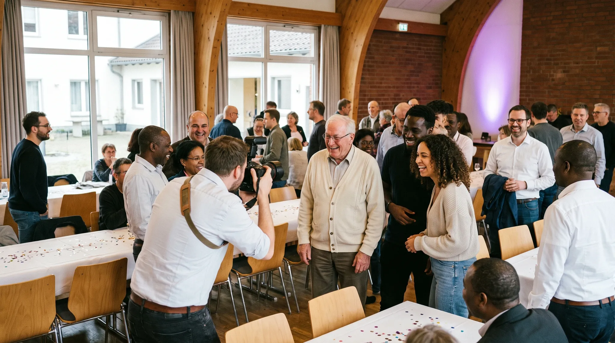 Fotograf Bergneustadt: Professioneller Fotograf hält Kamera auf Gäste an festlich gedecktem Tisch bei warmem Eventlicht