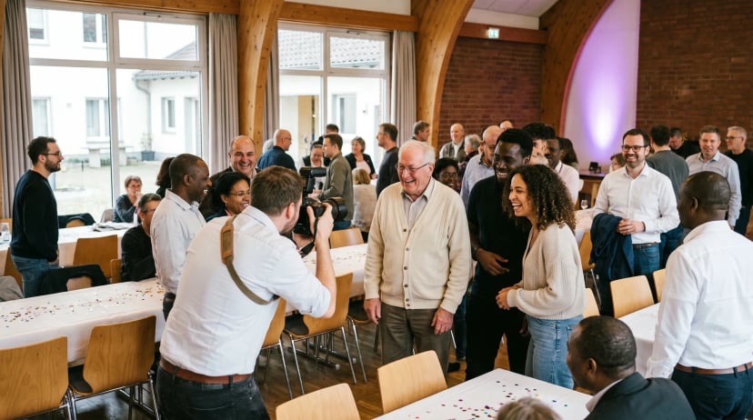 Fotograf Bergneustadt: Professioneller Fotograf hält Kamera auf Gäste an festlich gedecktem Tisch bei warmem Eventlicht