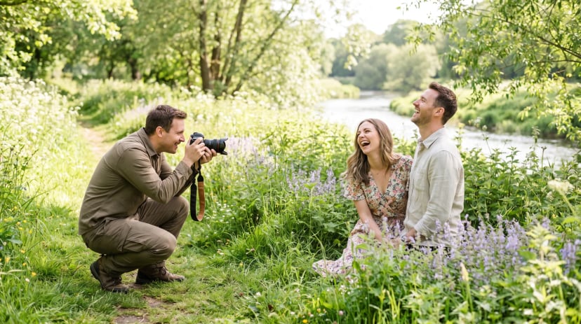Fotograf fotografiert ein Brautpaar an der Rheinaue in Bonn