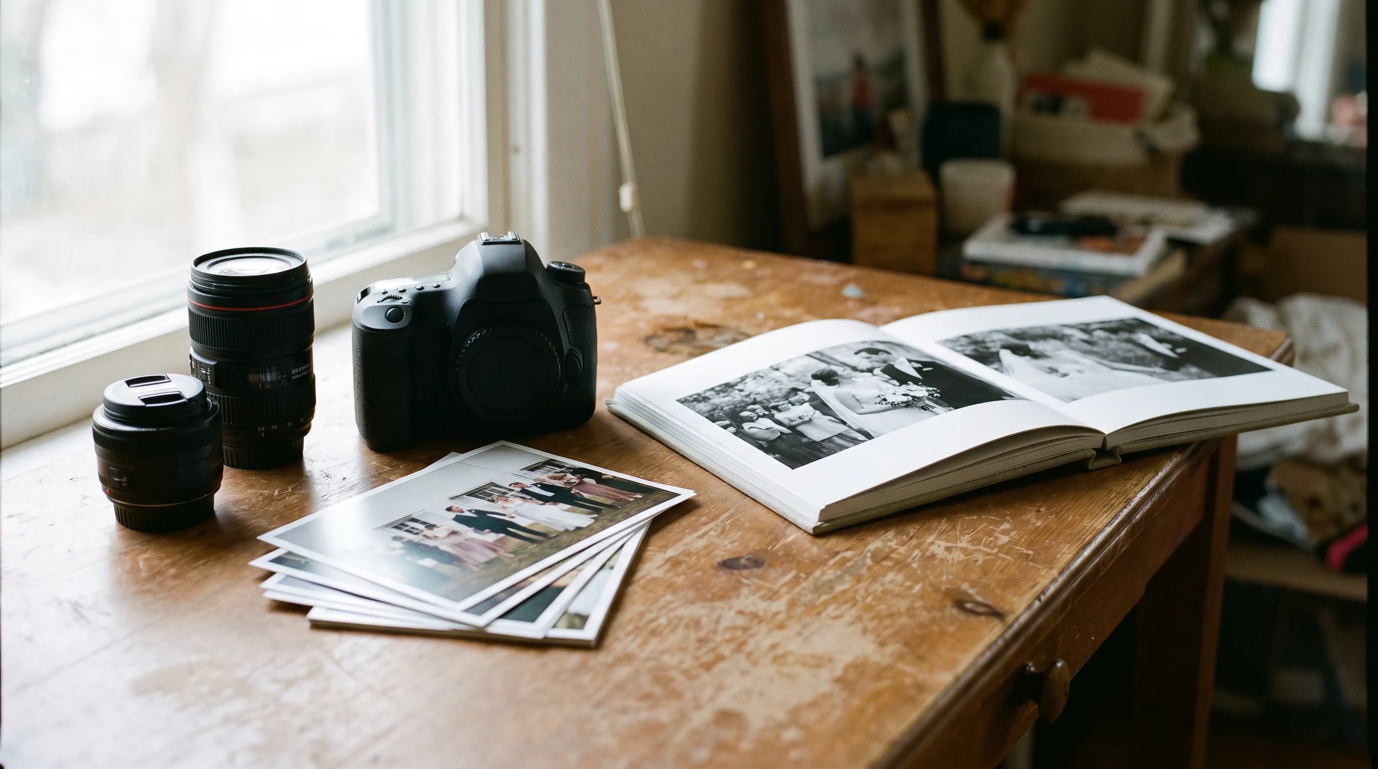 Kamera und Objektive neben gedruckten Eventfotos, Beispiel für professionelle Eventfotografie