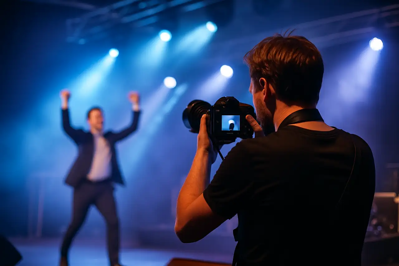 Fotograf bei Hochzeitsreportage hält authentischen Moment des Brautpaars in warmem Licht fest