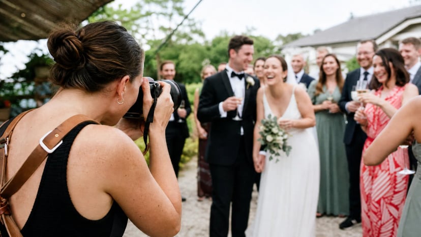 Fotografin fotografiert ein lachendes Brautpaar mit Gästen, Beispiel für einen Hochzeitsfotografen im Einsatz
