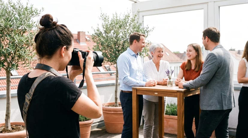 Fotografin mit Kamera bei einem Firmenevent auf der Dachterrasse, vor ihr lachende Gäste am Stehtisch