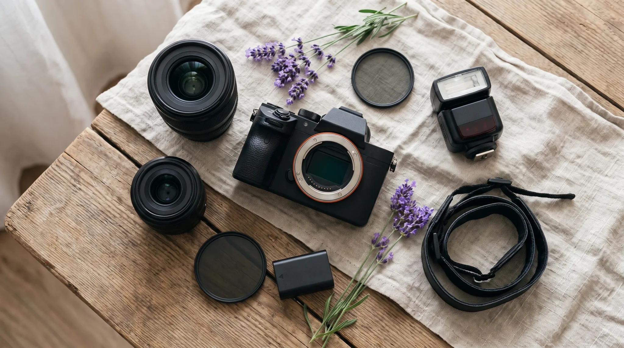 Fotograf in Immenstaad am Bodensee: DSLR-Kamera, Primeobjektiv, gefalteter Reflektor und Lavendelzweige auf verwittertem Holz im warmen Nachmittagslicht.