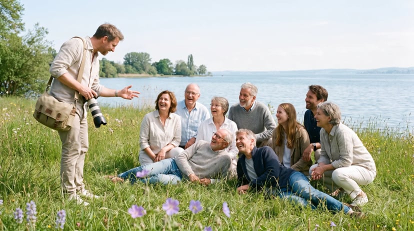 Fotograf Immenstaad am Bodensee: Professioneller Fotograf hält beim goldenen Abendlicht lachende Gäste einer Gartenfeier im Freien mit erhobener Kamera fest.