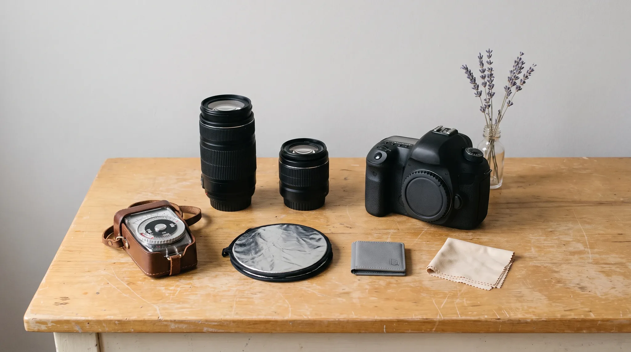 Fotograf in Niederbreitbach: Professionelle Kamera mit Objektiv, Ersatzakku und Speicherkarten auf einem Holztisch im weichen Fensterlicht.