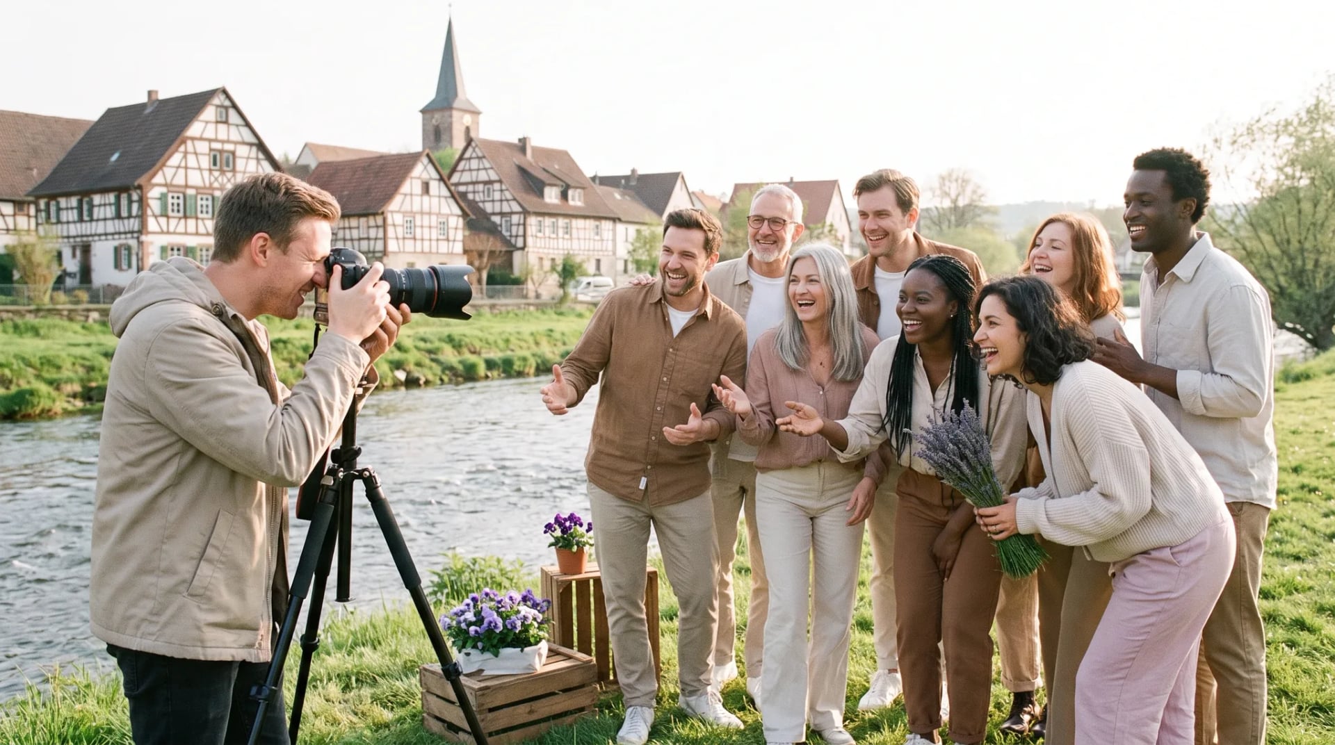 Fotograf Niederbreitbach: Gruppe von Erwachsenen auf einer Wiesenkulisse im goldenen Abendlicht, Fotograf bewegt sich um die lachende Gruppe und richtet den.