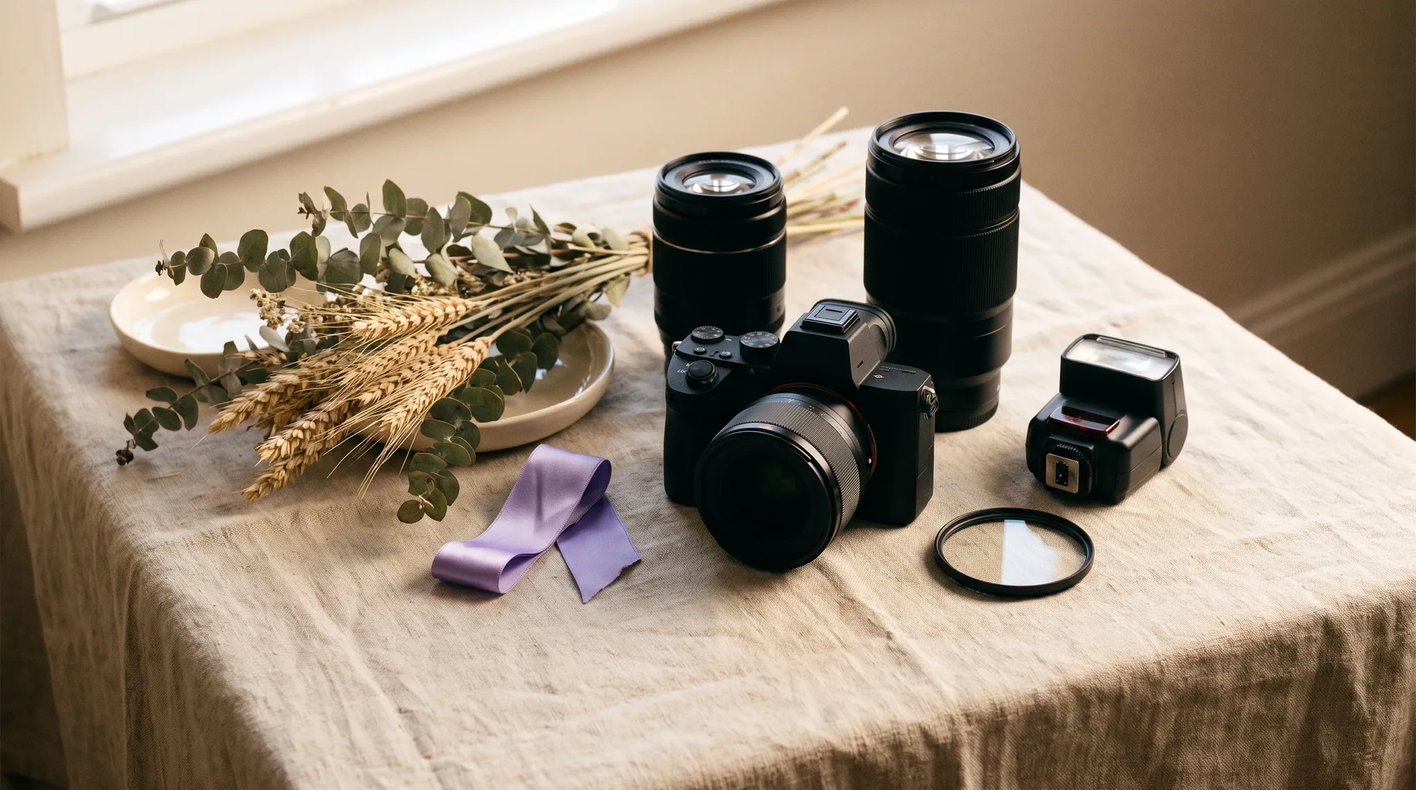 Fotograf in Sinzig: Flat-Lay mit spiegellosem Kameragehäuse, zwei Objektiven, externem Blitz und Mikrofasertuch auf dunklem Leinenstoff.