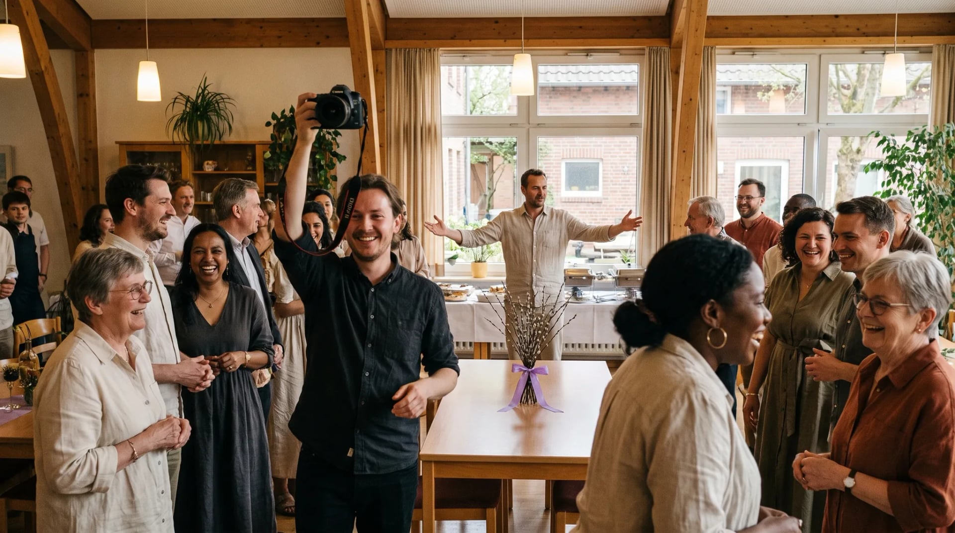 Fotograf Sinzig: Fotografin bewegt sich dynamisch zwischen Gästen bei einer Feier im Freien, natürliches Nachmittagslicht, lebhafte Stimmung.