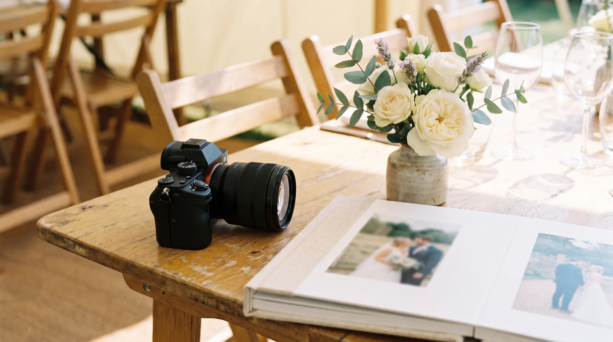 Fotografin in Solingen: Kamera, Fotobuch und Blumen auf dem Tisch einer Hochzeitsfeier