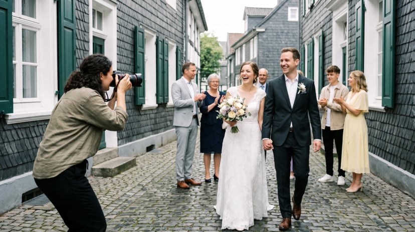 Fotograf Solingen: Hochzeitsfotografin fotografiert ein Brautpaar in einer Gasse mit bergischen Schieferhäusern