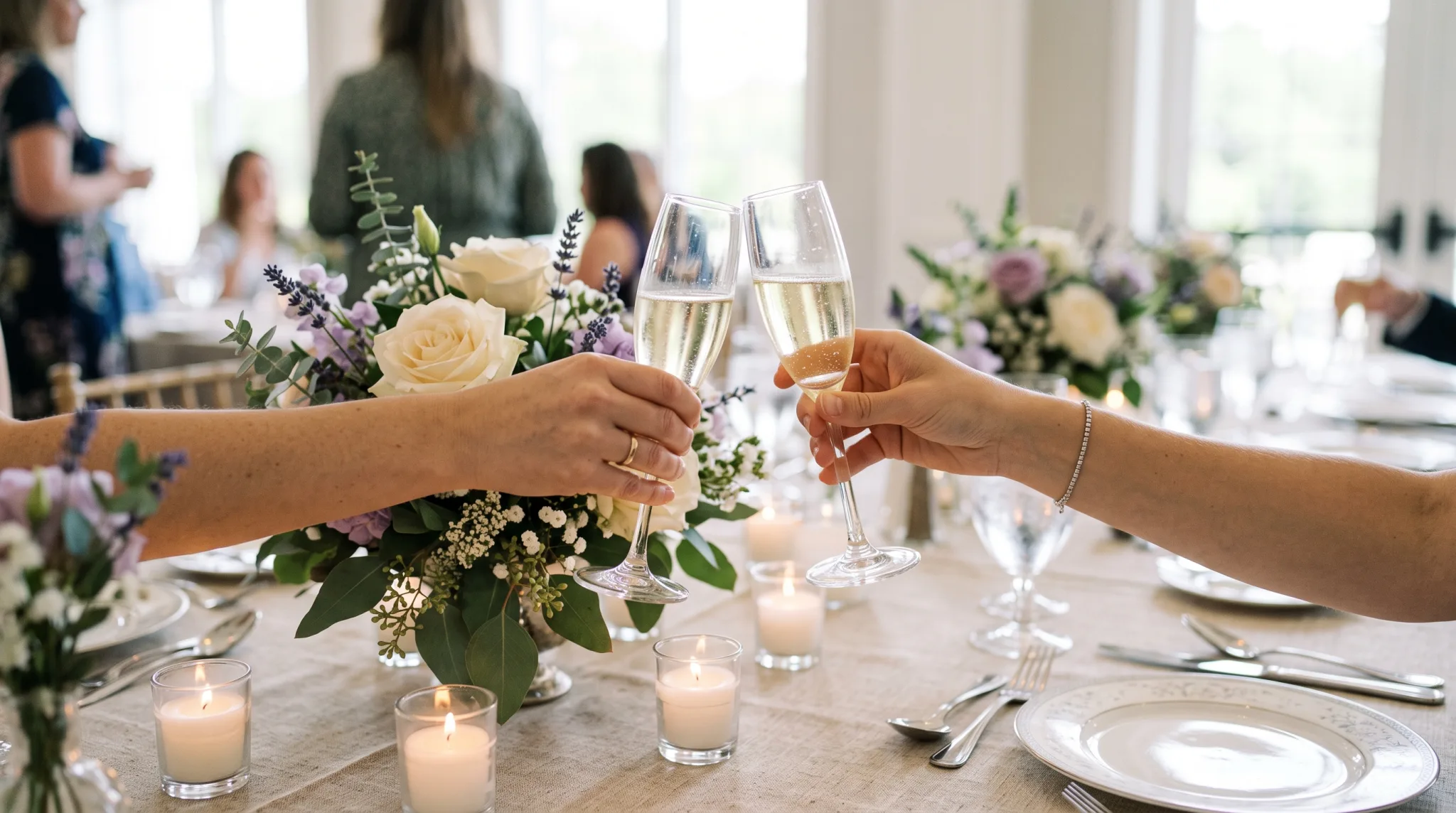 Festlich gedeckte Tische mit Bühne und Dekoration in einer Gala-Location