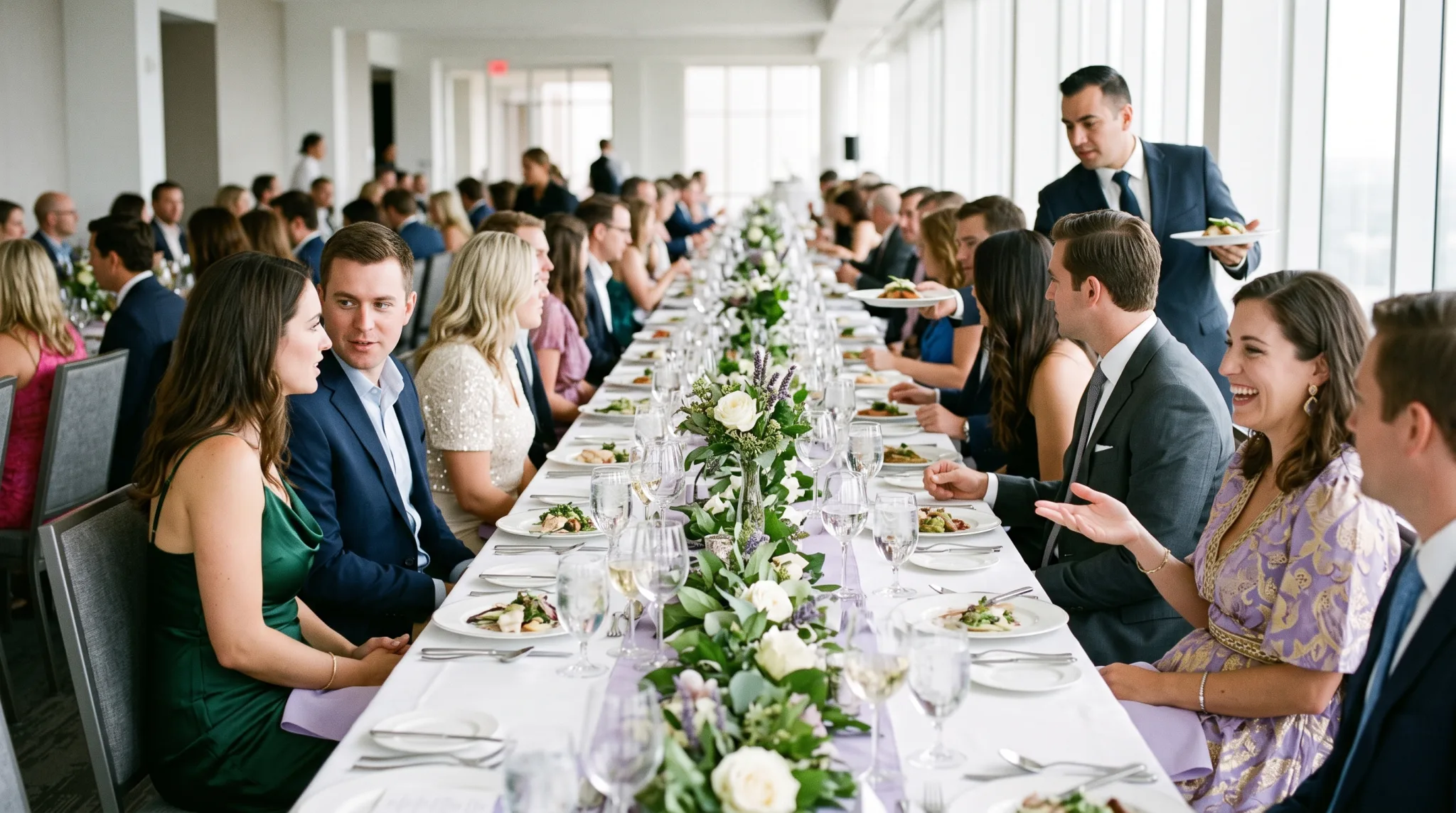 Gäste bei einem Gala-Dinner mit festlich gedecktem Tisch und Dinnershow im Hintergrund