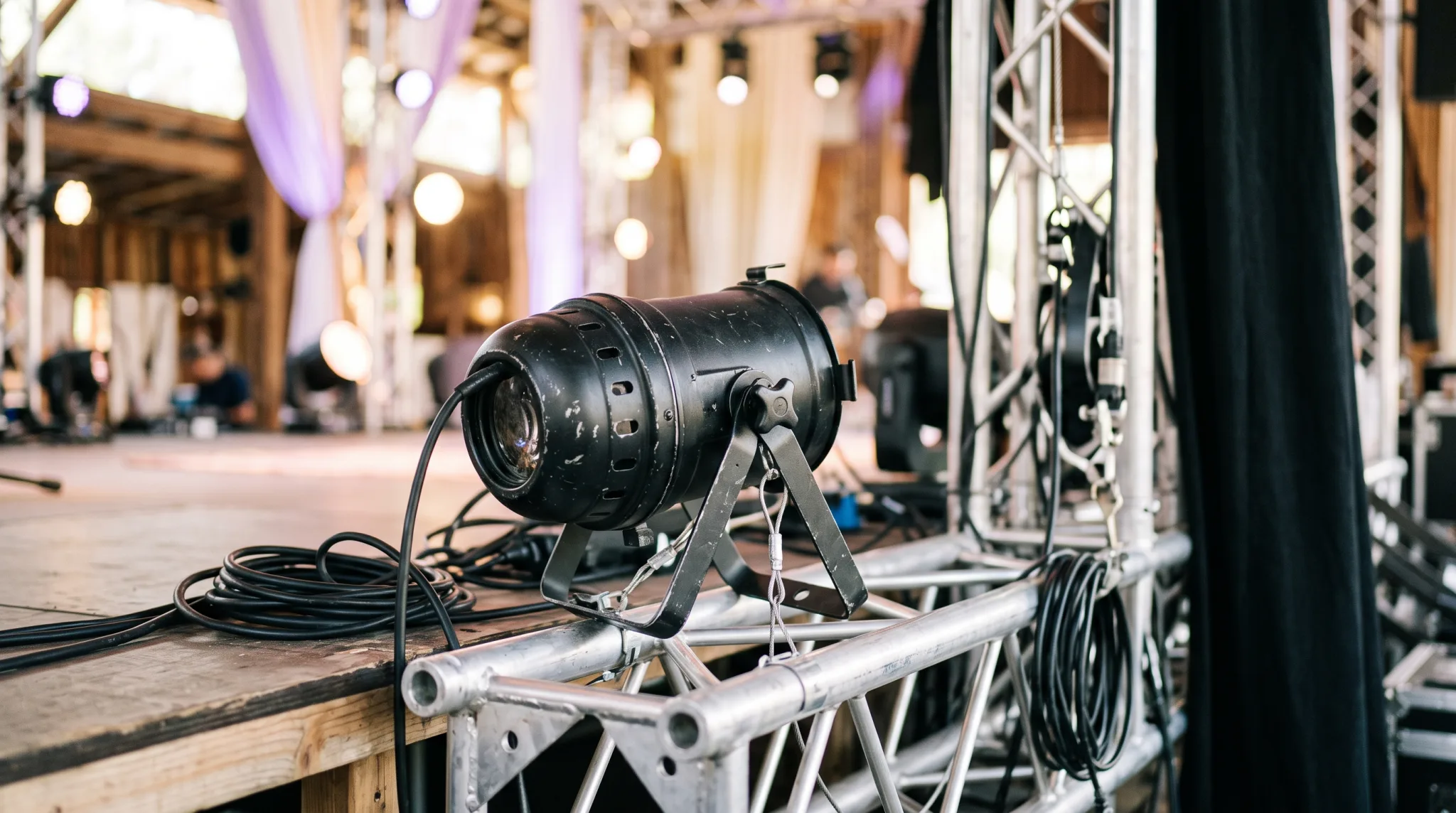 Gala-Event mit beleuchteter Bühne und Veranstaltungstechnik in einer Eventlocation