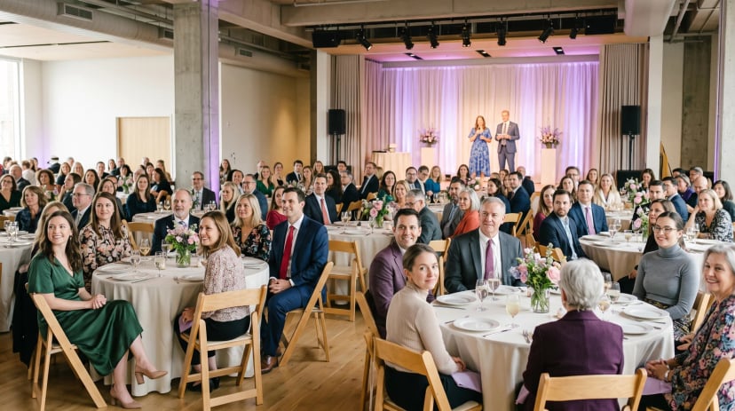 Gala-Event mit beleuchteter Bühne und Soundtechnik in eleganter Eventlocation