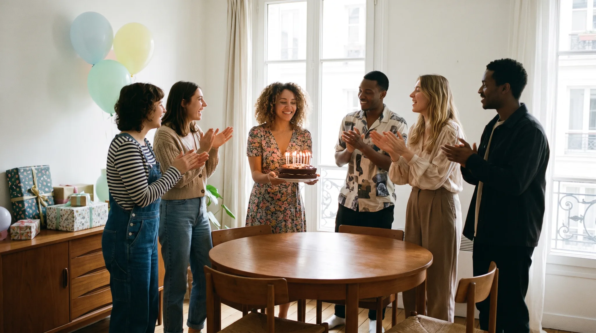 Freunde feiern gemeinsam eine Geburtstagsfeier mit Deko und Sekt