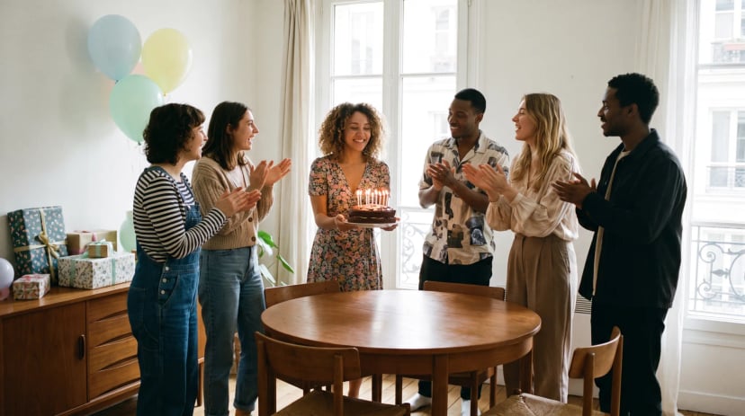 Freunde feiern gemeinsam eine Geburtstagsfeier mit Deko und Sekt