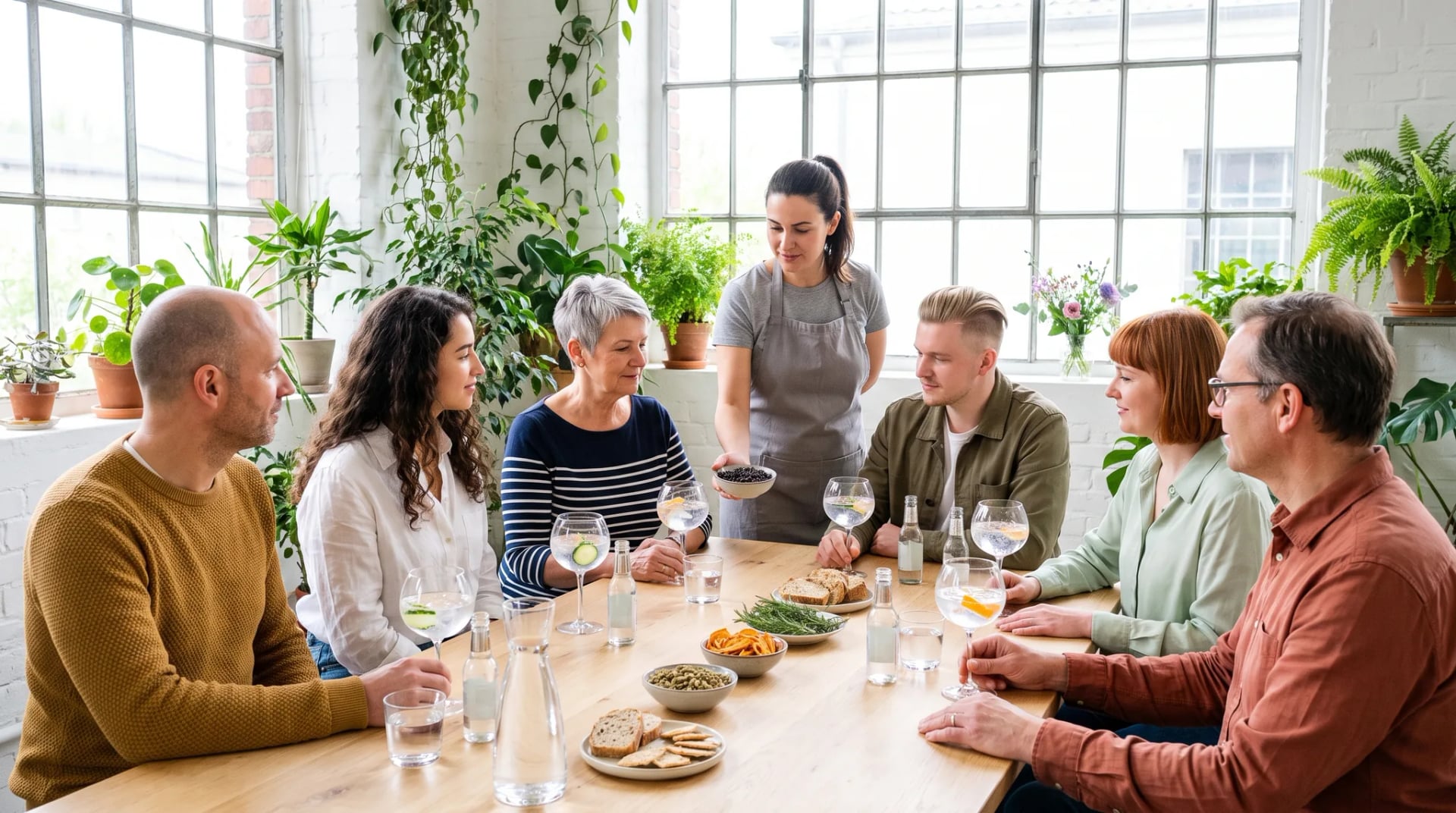 Gin-Tasting in einem hellen Raum mit vielen Pflanzen: Eine Gastgeberin reicht eine Schale Wacholderbeeren, sechs Gäste sitzen am langen Tisch mit Gin Tonic in Ballongläsern, Tonic-Flaschen, Brot und Schalen mit Botanicals