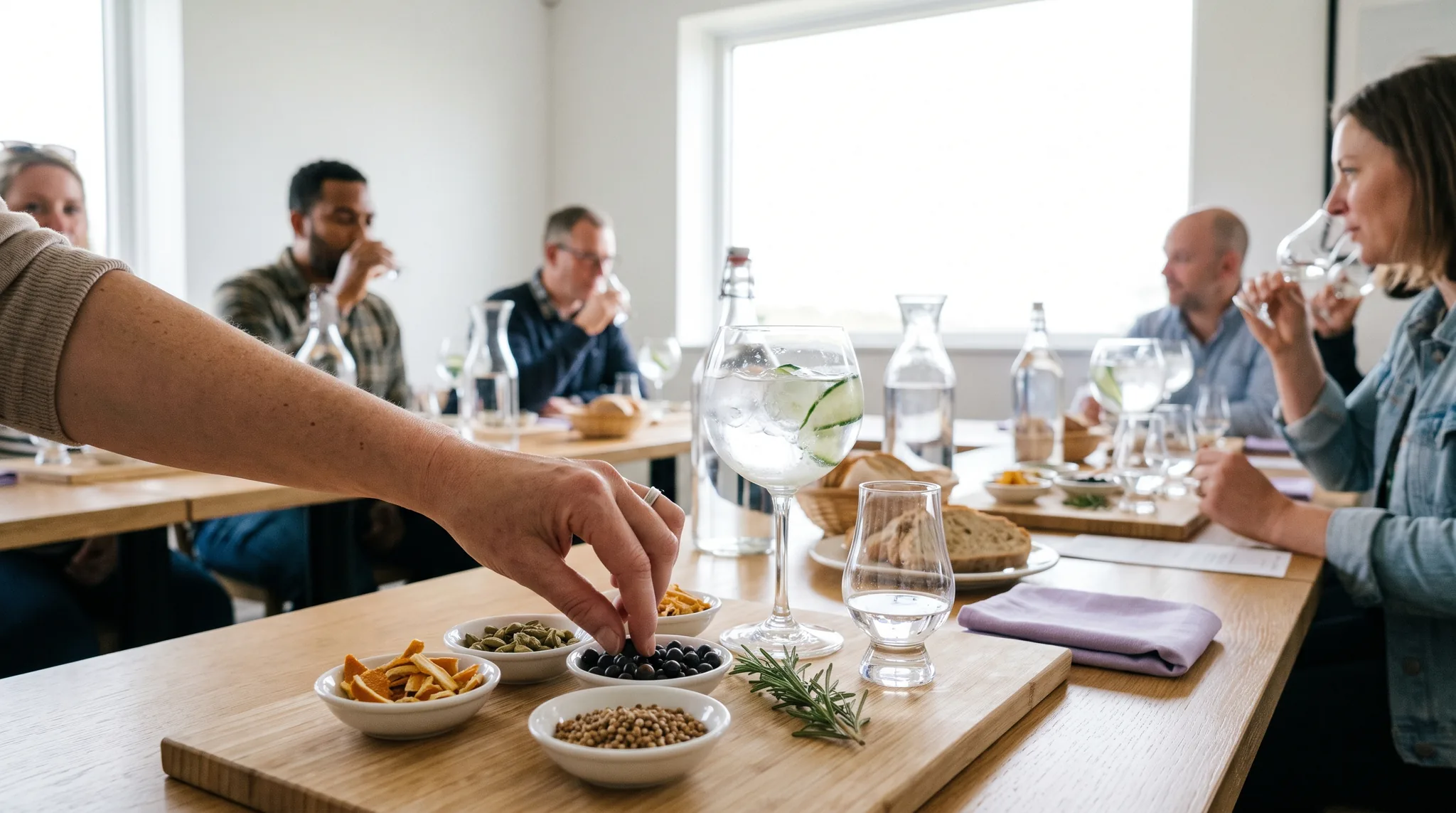 Gin-Tasting Detail: Schälchen mit Wacholderbeeren, Orangenschale, Kardamom und Koriander, daneben Rosmarin, ein Ballonglas Gin Tonic mit Gurke und ein Probierglas, eine Hand nimmt Wacholderbeeren